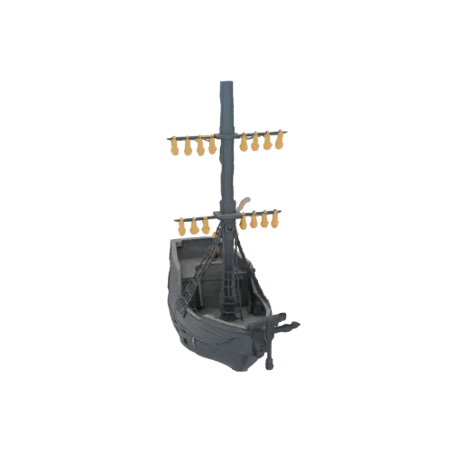 3D model of a detailed galleon ship with a grey hull, tall mast, intricate rigging, and yellow flags flying from the yardarms