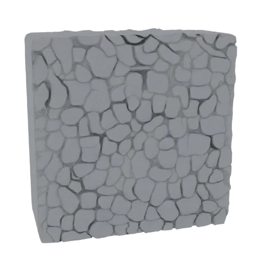 A 3D model of a rough stone wall texture block, showcasing irregular, hand-laid stones with visible grout lines.