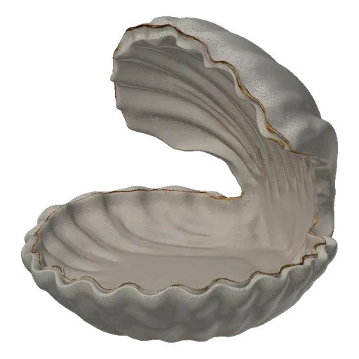 A 3D render of an ornate clam shell with a pearlescent finish and golden trim, presented as an open bowl.