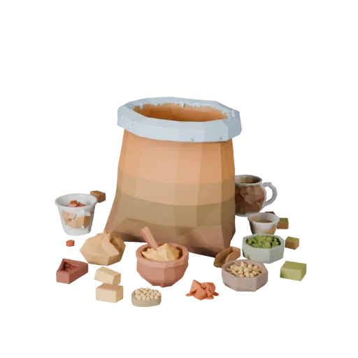 Spice Rice Sack Low Poly 3D model, game viewport three-quarter view, showing powders, small ingredient shapes.