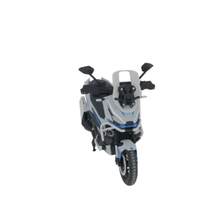 Vista frontal de um modelo 3D de uma moto de aventura e turismo com esquema de cores branco e azul, apresentando um para-bris