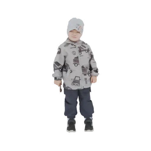 3D model of a young boy wearing a grey jacket with a truck pattern and a matching beanie, standing and smiling.