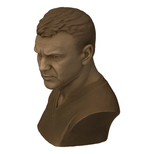 3D model render of a man's bust with a serious expression, detailed hair, and a V-neck shirt.