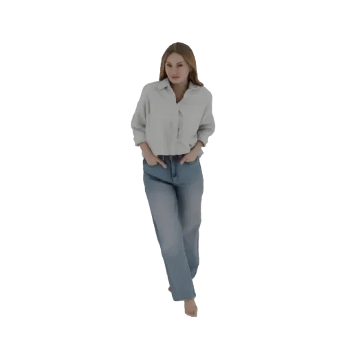 3D-Modell einer Frau mit langen braunen Haaren, in einem hellblauen Hemd und Jeans, stehend mit Händen in den Taschen.