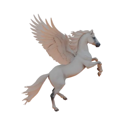 3D model of a white Pegasus horse with large feathered wings spread wide, rearing up on its hind legs against a black backgro
