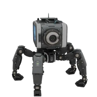 3D model of a futuristic spider-bot with a camera lens, screen, and four articulated mechanical legs, set against a black bac