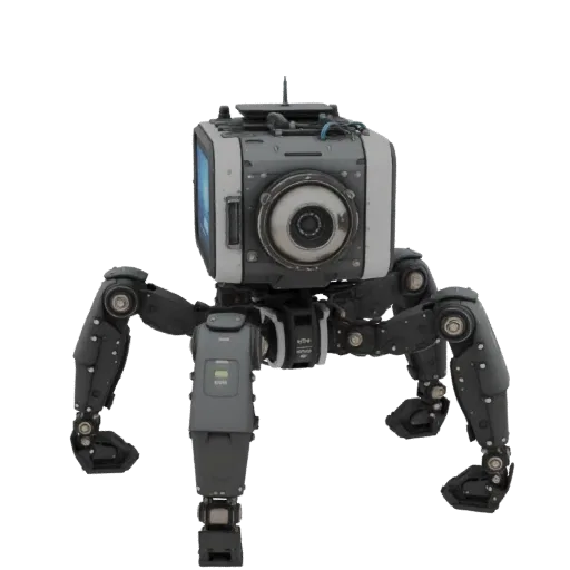 3D model of a futuristic spider-bot with a camera lens, screen, and four articulated mechanical legs, set against a black bac