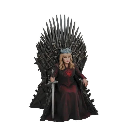 3D model of a queen with a crown and sword, seated on the iconic Iron Throne, rendered against a black background.