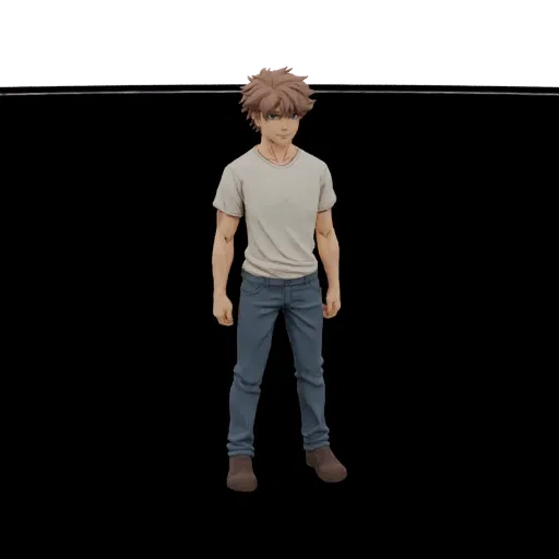 3D model of a young man with brown hair, wearing a grey t-shirt and blue jeans, standing casually.