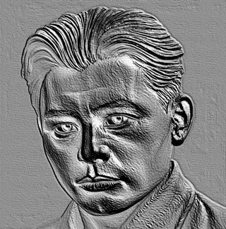 Modello 3D bassorilievo uomo stile incisione, con tratti del viso espressivi e texture simile a una stampa.