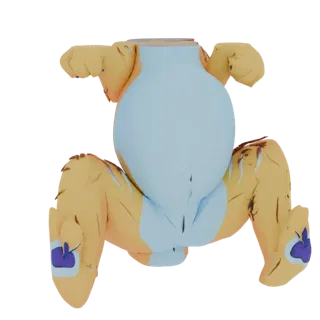 3D model of a stylized tiger cub's body, showing its orange striped fur, light blue belly, and paws with purple accents, pres