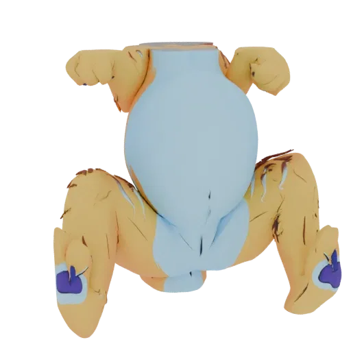 3D model of a stylized tiger cub's body, showing its orange striped fur, light blue belly, and paws with purple accents, pres