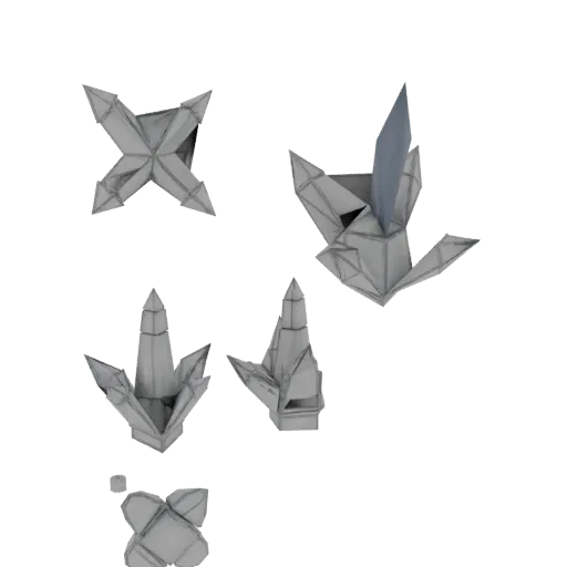 A 3D render of a cluster of sharp, translucent crystalline shards with geometric facets, set against a black background.