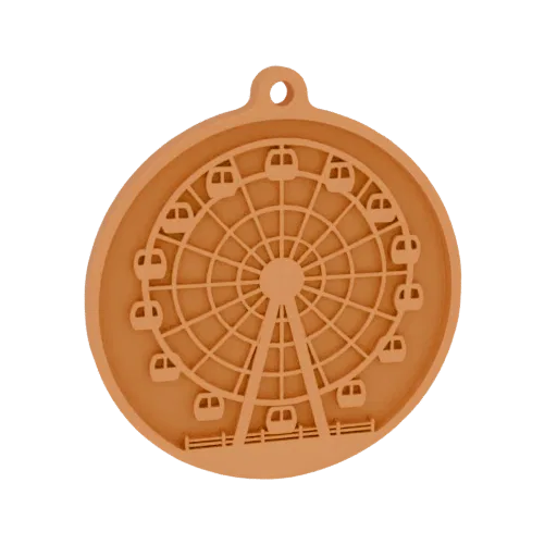 3D model of a Ferris wheel ornament with detailed spokes, gondolas, and a base fence, rendered in a warm, light brown materia