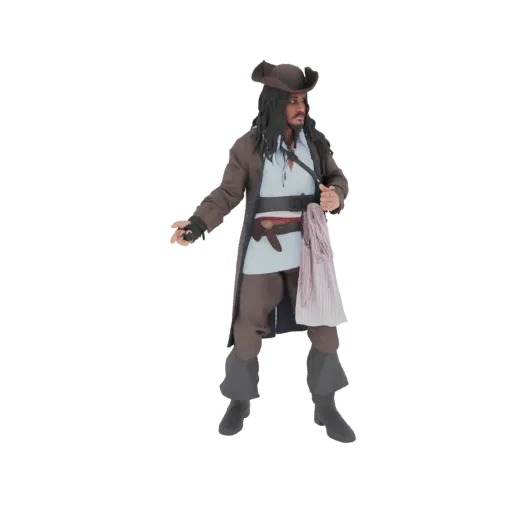 3D model of Captain Jack Sparrow in pirate costume, standing with a hand outstretched.