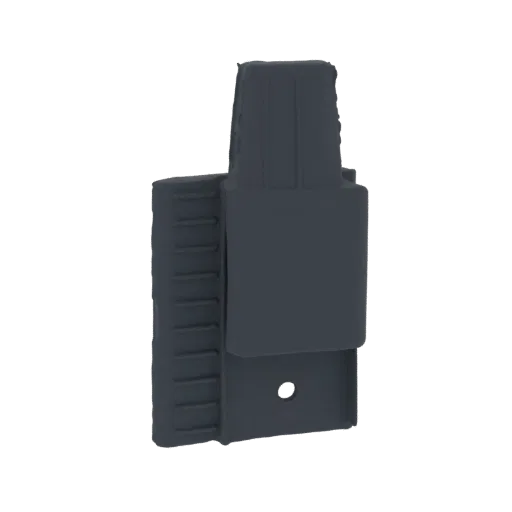 Una renderización 3D de un clip conector industrial gris oscuro con agarre texturizado y orificio de montaje, presentado sobr