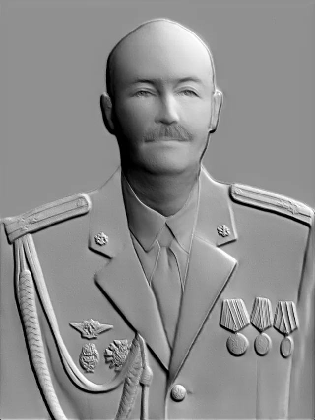 3D model of Soviet officer bas-relief in parade uniform with awards and insignia, front view