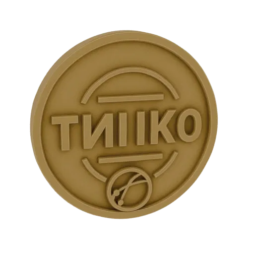 3D model of a golden TIKO coin with raised lettering and a circular emblem, presented on a black background.