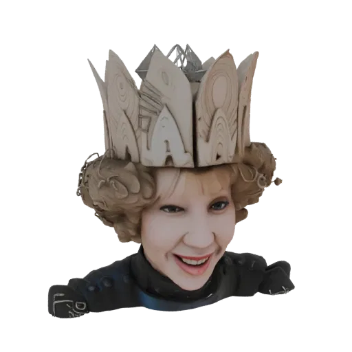 3D model render of a whimsical character with a large, ornate, layered crown and a wide smile, wearing a dark garment.