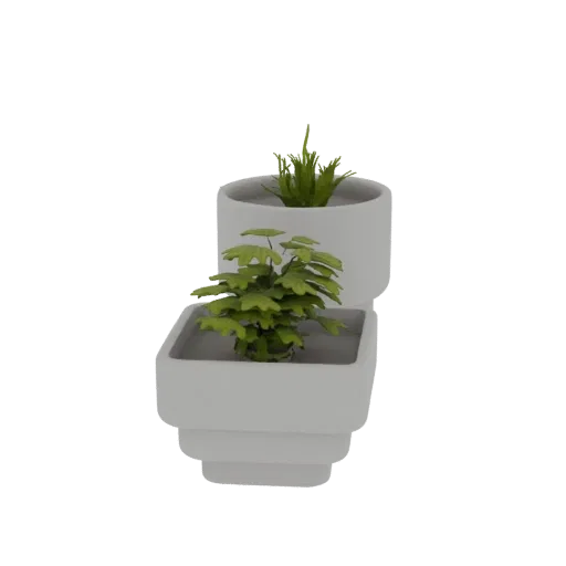 A 3D render of a Japandi-style tiered planter set with two pots, one square and tiered, the other cylindrical, both containin