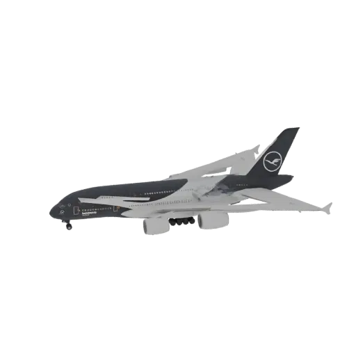 Side view of a 3D model of a Lufthansa Airbus A380 airplane with a dark grey and white livery.
