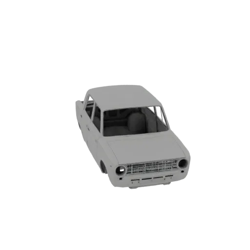 Modello 3D di berlina d'epoca, visto da un'angolazione anteriore-destra leggermente elevata, che mostra il suo design classic