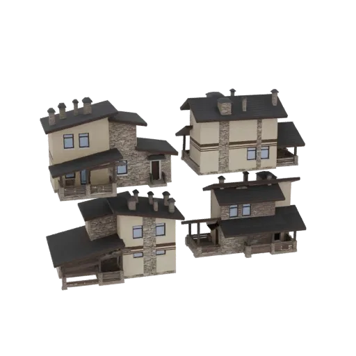 A 3D render of four detailed alpine chalets with stone and wood accents, set against a white background.