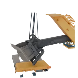 3D model of a heavy-duty container crane with a yellow trailer, showing its articulated arm and rigging against a black backg
