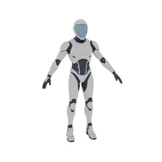 Render 3D cuerpo completo de un robot futurista con cuerpo blanco y gris, visor azul y brazos ligeramente extendidos.
