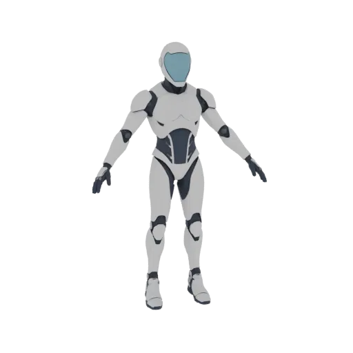 A full-body 3D render of a futuristic robot with a white and gray body, a blue visor, and arms slightly extended.