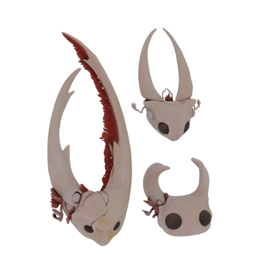 3D model of the Knight's mask from Hollow Knight, featuring a pale shell, dark eyes, and sharp horns.