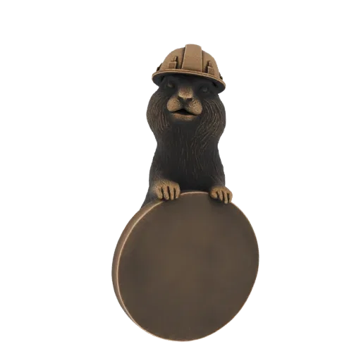A 3D render of a bronze groundhog wearing a hard hat and holding a circular sign, with its paws resting on the sign.