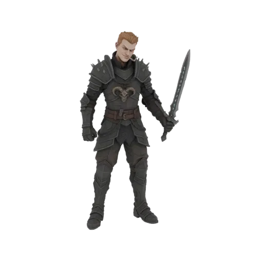 3D model of a dark knight warrior in full armor with a ram emblem and sword, against a white background.