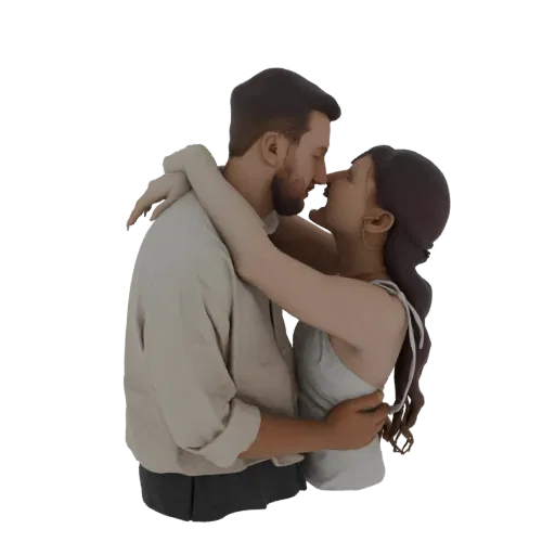 3D model of a man and woman embracing romantically, with their faces close together.