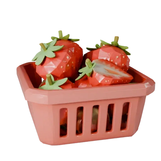 Modelo 3D de baja poligonización de Cesta de Fresas en Rodajas, vista de tres cuartos del viewport del juego, mostrando poros