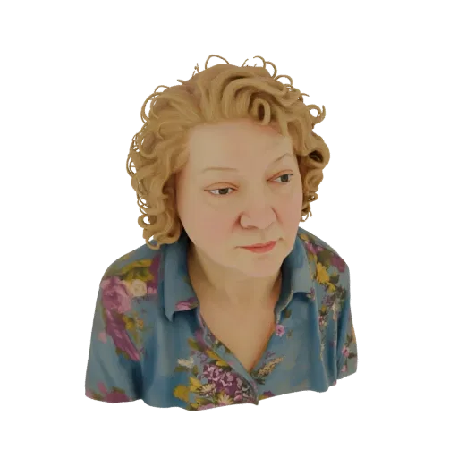 3D model render of an elderly woman's bust with curly blonde hair and a blue floral shirt, looking to the side.