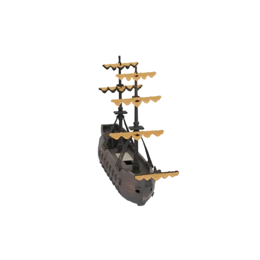 3D model of a classic galleon ship with a dark wooden hull and multiple tan sails, viewed from a slightly elevated angle.