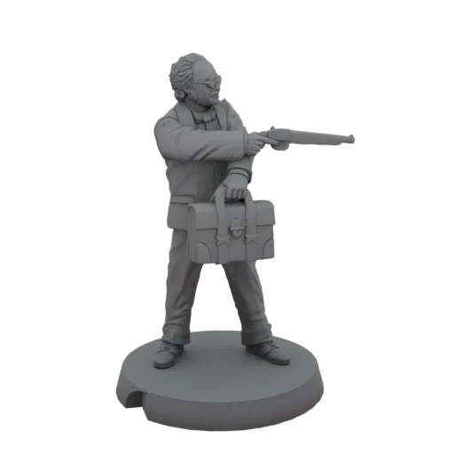 3D-Modell-Render eines Professorencharakters mit Brille und Anzug, der eine Schrotflinte und einen Aktenkoffer hält und auf e