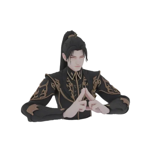 3D model of a mysterious scholar with dark hair and ornate black and gold robes, hands clasped in a thoughtful pose.
