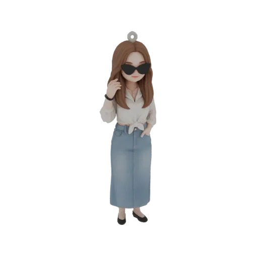 Modello 3D di donna elegante con lunghi capelli castani, occhiali da sole, camicia bianca annodata e gonna lunga in denim, in