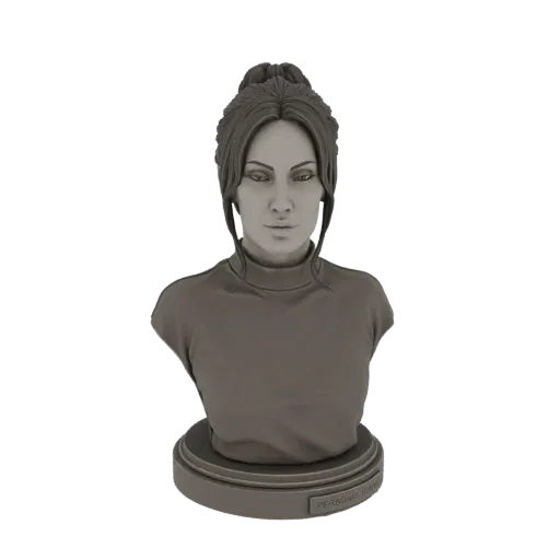 3D model render of a female bust with hair in a bun and wearing a high-neck top, displayed on a circular base.