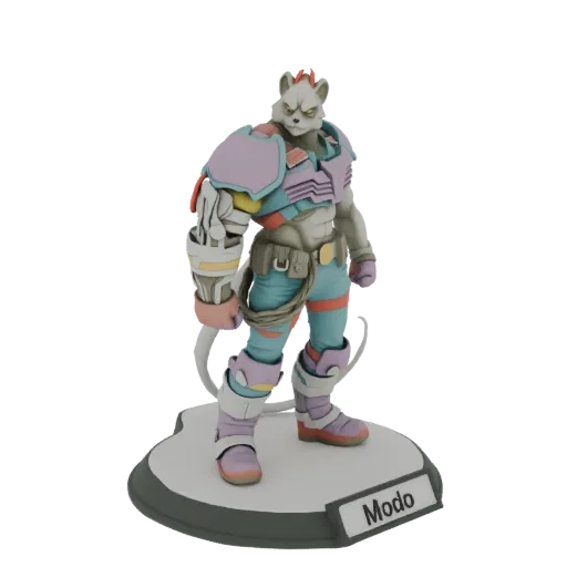 3D render of the Modo Raccoon character model, a bipedal raccoon in futuristic armor standing on a base.
