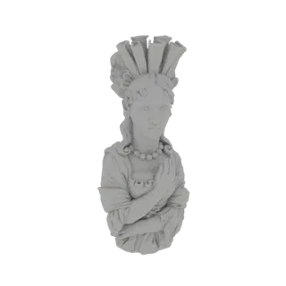 Modelo 3D de busto de mulher clássica com elaborado adorno de cabeça e mãos unidas no peito, renderizado em material cinza ne