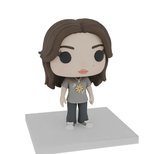 3D model of a cute, stylized girl with brown hair, wearing a grey t-shirt with a yellow flower graphic and dark pants, standi