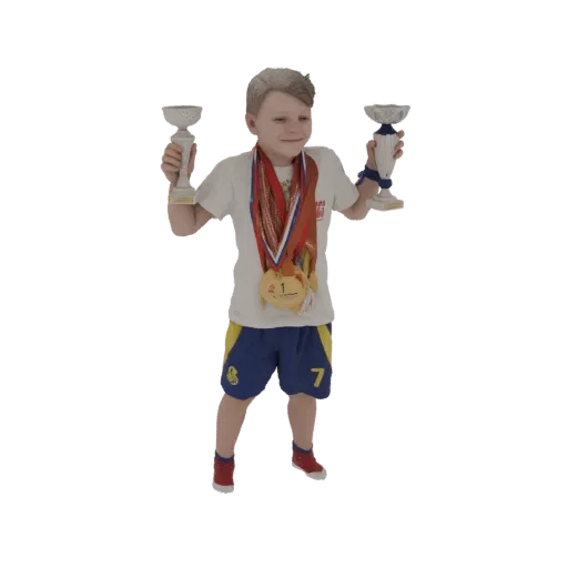 3D model of a smiling young boy holding two trophies and wearing multiple medals, celebrating a victory.