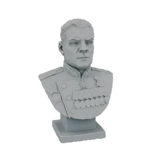 3D model render of a grey bust of a Soviet General wearing a military uniform with multiple medals and insignia.
