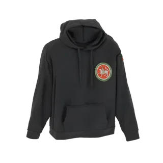 3D model of a dark gray hoodie with a circular emblem on the chest, displayed against a white background.