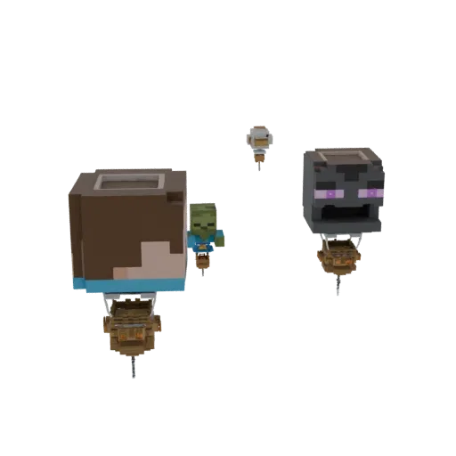 3D render of a Minecraft scene with an Enderman and a Zombie on hot air balloons.