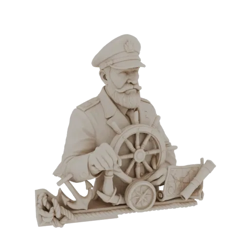 Render di modello 3D di un capitano navale in uniforme, che tiene un timone, con un'ancora, una bussola e una mappa alla base