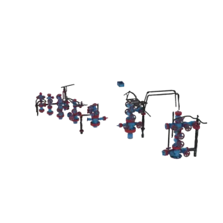 Modelo 3D de un conjunto de cabezal de pozo industrial con tuberías y válvulas intrincadas, renderizado en azul y rojo.